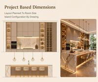 Cuisine moderne sur mesure KEJIA avec îlot en marbre, unités murales de rangement hautes, vitrine en verre et design d'éclairage chaleureux