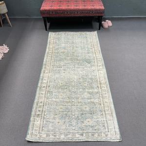 Alfombra Turca Vintage, Alfombra Decorativa de 3.2x7.1 pies (98x217 cm), Alfombra de Lana Azul Sólida - Product Image 1