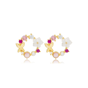 CZ Multicolor Pink Fresh Simple Flower Design Stud <b>Earrings</b> <b>Mother</b> <b>of</b> <b>Pearl</b> Handcrafted Turkish 925 Sterling Silver Jewelry - Product Image 1