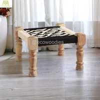 Pouf en bois éco-responsable fait main, repose-pieds tressé, console avec incrustations en os, multifonctionnel, empilable et portable pour salon