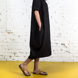 ชุดเดรสมิดิยาวถึงเข่าสีดำของผู้หญิงชุดเดรสมิดิเดรสผ้าลินินแบบลำลองคอกลมแขนสั้นผ้าทอแบบธรรมชาติย้อมสีล้วนสำหรับฤดูร้อน - Product Image 3