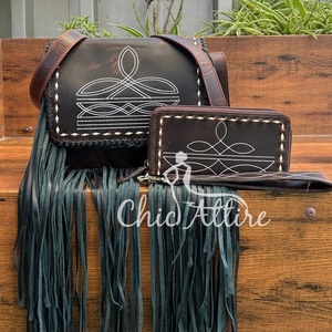 Nouveau Designer Botte Point En Cuir Véritable Frange Sac À Bandoulière & Botte Point En Cuir Véritable Zipper Bracelet Embrayage Ensemble pour Femmes - Product Image 1