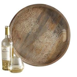 Bandeja redonda artesanal de madera con diseño de mandala pintado a mano y asas laterales, bandeja decorativa para servir, para decoración del hogar y uso festivo. - Product Image 3