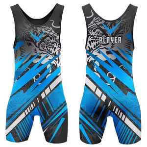 Combinaison de lutte personnalisée par sublimation pour homme, imprimé bleu noir tigre, séchage rapide, respirante, en spandex et polyester, vêtements de sport - Product Image 1