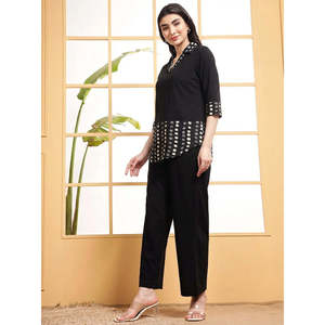 Deebaco Women's Black Cotton Co-Ord Set Polka Dot Panel V Neck <b>Top</b> With Wide Leg Pants Casual Spring Summer Outfits - Product Image 3