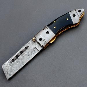 Cuchillo de bolsillo plegable de acero de Damasco personalizado más vendido, cuchillo de caza OEM hecho a mano con mango de cuerno - Product Image 1