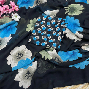 Magnifique sari en georgette imprimé fleuri, avec un chemisier fantaisie exclusif et tendance, idéal pour les mariages, les fêtes ethniques et les festivals, pour femmes. - Product Image 1