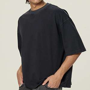 Logotipo personalizado Boxy Fit Camiseta de algodón de peso pesado 270gsm Rib CrewNeck Drop Shoulder camiseta de gran tamaño para los hombres - Product Image 4