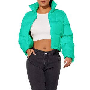 Women's Solid Color <b>Cropped</b> <b>Puffer</b> Bomber Coat Long Sleeves Thick Zipper Breathable Outdoor Cozy Winter Fashionwear - Product Image 1