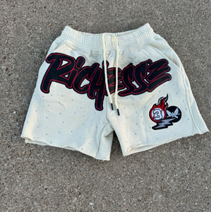 Pantalones cortos de hombre personalizados con lavado ácido Vintage diseño personalizado algodón pesado Puff impreso estilos desgastados de diamantes de imitación pantalones cortos unisex de lana - Product Image 4