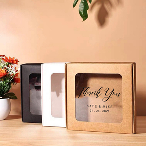 Scatola Regalo in Carta Kraft con Logo Personalizzato e Finestra, Scatole per Confezioni Regalo con Nome e Data Personalizzati Stampati per <span class=keywords><strong>Bomboniere</strong></span> Matrimoniali - Product Image 1