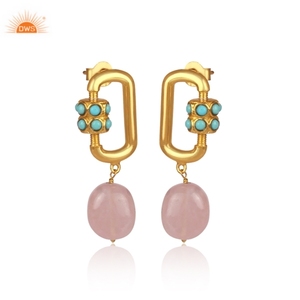 Pendiente de gota de piedras preciosas de cuarzo rosa y turquesa de Arizona Natural de plata esterlina oxidada, fabricante de joyería personalizada - Product Image 2