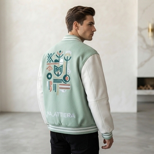 Chaqueta de Hombre Verde Menta con Mangas de Cuero, Mezcla de Lana, Botones a Presión, Cuello Acanalado, Bordada, Casual, Personalizada - Product Image 4