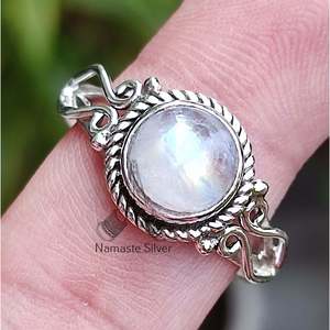 Rainbow Moonstone Sterling Silver <b>Ring</b> Handmade <b>Boho</b> Natural Gemstone Fine Jewelry Set Women's 9mm Bezel Setting Birthday - Product Image 4