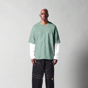 เสื้อยืดแนวสตรีทแขนยาวผ้าวาฟเฟิลสองชั้นพิมพ์ลายทางไหล่ทรงหลวมโอเวอร์ไซส์ผ้าดิบผ้าคอตตอน100% - Product Image 1