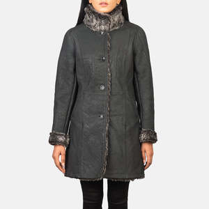 Manteau en cuir noir tissé Erica avec détails brodés, col haut, décorations en diamants, réversible, imperméable, tailles XS à XL - Product Image 4