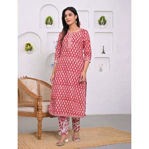 ชุดกางเกงคุรตะผ้าฝ้ายพิมพ์ลายสีแดง แขนสามส่วน สำหรับใส่ในชีวิตประจำวัน - Product Image 3