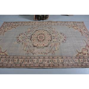 Classique bleu Beige Vintage tapis turc 4.9 X 8.3ft fait à la main Patchwork Design laine bambou soie Latex pour salon couloir Rectangle - Product Image 3