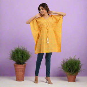 Yellow Bandhani Print Cotton Kaftan Dress Hand Drawn Pakistani Style Indian Salwar Kameez Stitched Clothing (SHKUP1231) - Product Image 1