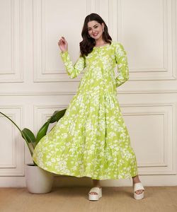 Exquisito vestido acampanado de algodón verde radio con drapeado elegante y moda para mujeres disponibles a granel - Product Image 2