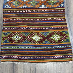 พรมวินเทจตุรกี ขนาด 3.1x9.8 ฟุต (93x300 ซม.) พรมคิลิมสีน้ำเงินส้มลายแบบนามธรรม - Product Image 2