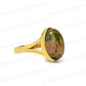 Anillo Fino de Plata 925 con Forma Ovalada de 10x14 mm para Mujer, con Unakita Natural, Baño de Oro Vermeil, Diseño de Banda Dividida con Engaste de Bisel, para Navidad - Product Image 2
