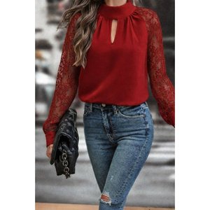 Blusa de Manga Larga para Mujer con Detalle de Corte en el Pecho, Cuello Simulado y Mangas de Tul, 33875 - Rojo - Product Image 1