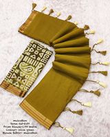 Çiçek desenli bluzlu, hafif ve her durum için mükemmel olan Mul Pamuk ve Resham Dokuma Kenarlıklı Saree.