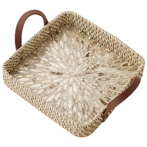 Bandeja de mimbre natural hecha a mano al por mayor con incrustaciones de nácar Bandejas para servir con asa para bandeja de almacenamiento de Vietnam - Product Image 2