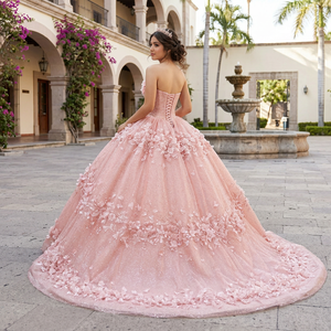 Vestido de Quinceañera Princesa 8504 Rosa con Cuello Barco, Flores 3D, Apliques de Cuentas, Cristales y Cola de Capilla Natural - Product Image 1