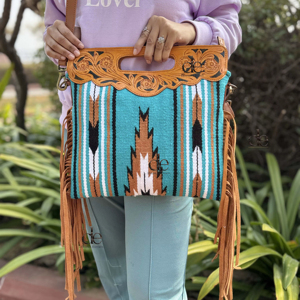 Hand Tooled Fringe Handbag Jacquard Turquoise Color <b>Sling</b> New Design Bohemian Aztec Fabric <b>Bags</b> Stylish <b>Bags</b> <b>for</b> <b>Women</b> - Product Image 1