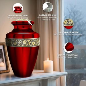 Juego de 6 urnas de recuerdo de cremación para adultos redondas de aluminio grabadas en rojo metálico contemporáneo de 10 "para restos humanos cenizas funerarias - Product Image 3