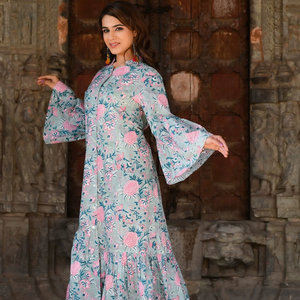 Cómodo vestido de longitud media para mujer 100% algodón indio bloque de mano impreso elegante manga completa botón decoración Casual - Product Image 1