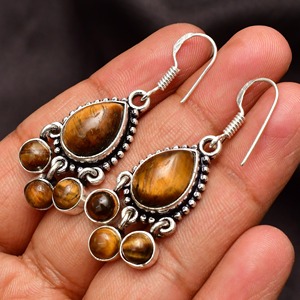 Pendientes de estilo bohemio chapados en plata de ley 925, piedra preciosa de ojo de tigre amarillo a la moda, bisel Natural de piedra, suministro de aniversario - Product Image 2