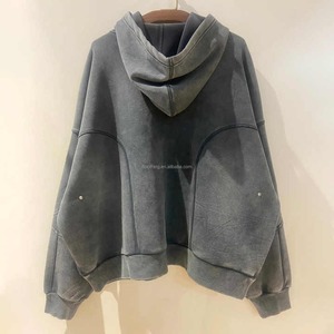 Sudadera con capucha y cremallera de algodón 100% de 350 g, estilo streetwear, con bordado 3D, efecto desgastado y corte holgado, fabricada a medida. - Product Image 1
