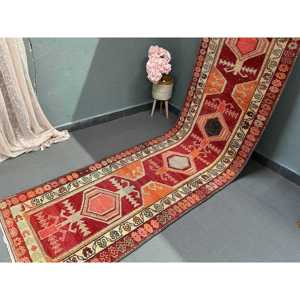 2.7x11.4 ft Herki Vintage Rug, <b>Red</b> Ombr Turkish Rug <b>Wool</b> - Product Image 2