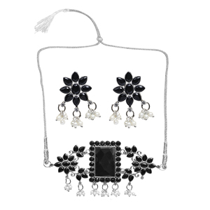 Collier ras du cou rectangulaire noir avec grosse pierre - pour les occasions festives - Product Image 2