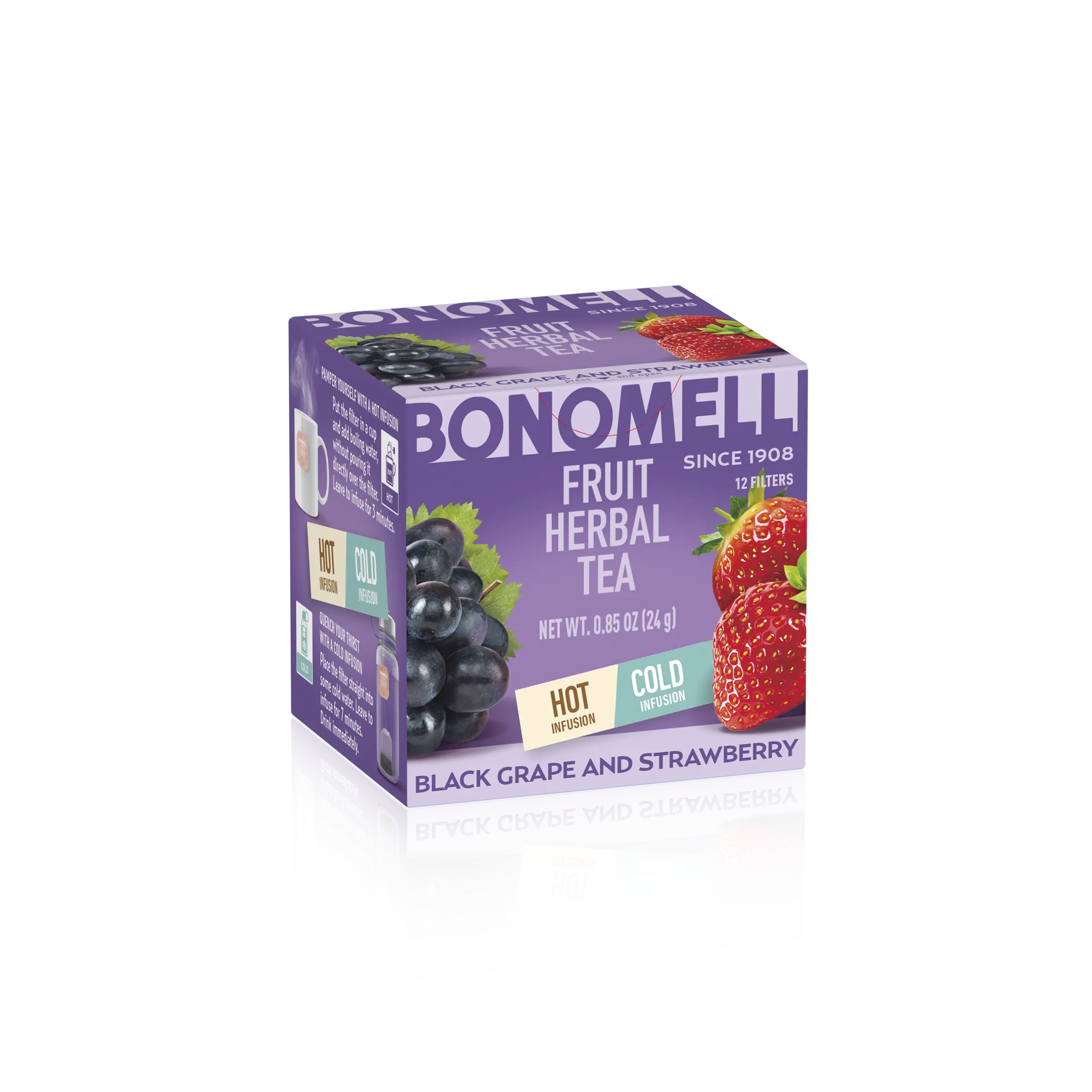 Kualitas Premium Buatan Italia Bonomelli Air Panas Air Dingin Anggur Hitam dan Buah Stroberi Teh Herbal 12 Sachet