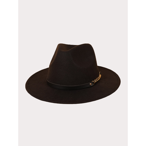 Sombrero Fedora con Cadena y Cinta Decorativa, Estilo Casual, de Poliéster, Ala Ancha, de Fieltro, con Cinta Decorativa, Estilo Distintivo - Negro - Product Image 1