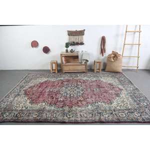 Alfombra Vintage de 6.9x9.9 pies, Alfombra Turca Grande, Alfombra de Lana con Estampado Animal Rojo - Product Image 3