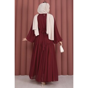Robe de soirée en mousseline bordeaux pour femme, avec détail froncé, ceinture, silhouette trapèze, taille empire discrète, longueur ras du sol, robe de bal XL - Product Image 5