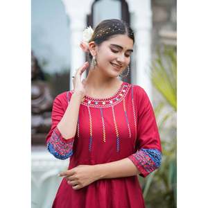 ชุดอนาร์กาลีปักลายผ้าฝ้ายสำหรับผู้หญิง ชุดทำงานกลางวัน คอลเลคชั่นเรียบหรู ลายเรียบ ไซส์ฟรี XL 3XL รับทำโลโก้ ODM สีน้ำเงิน สีแดงอมน้ำตาล - Product Image 2