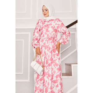 Robe florale rose avec col à nouer sur le côté, taille élastique, en viscose respirante, style décontracté et élégant, tailles XS-XL, idéale pour les occasions de remise de diplôme et autres occasions de jour. - Product Image 2