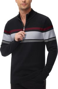 Pull à fermeture éclair pour hommes pulls polo automne hiver sweats chauds en coton et polyester avec motif rayé teint uni - Product Image 2