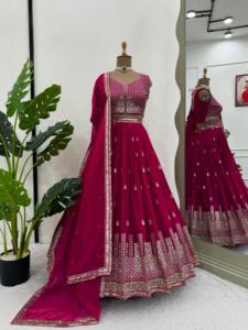 Vêtements de fête lourds longueur au sol entièrement cousu Lehenga Choli ensemble riche tigré Organza brodé séquence travail Dupatta indien - Product Image 4