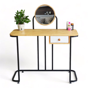 Mini Natural Wood <b>Makeup</b> Vanity <b>Table</b> <b>with</b> LED <b>Lighted</b> Mirror Iron Legs-BTD68062 Minimalist Design Style - Product Image 1