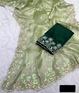 Saree de travail Butta avec chemisier, fil fantaisie, broderie, bordure à coupe d'arc pour vêtements pour femmes indiennes et pakistanaises. - Product Image 5