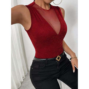 Women's Sleeveless Tulle Round Neck Deep V-Neck <b>Glitter</b> Blouse, 36067 - <b>Red</b> - Product Image 4
