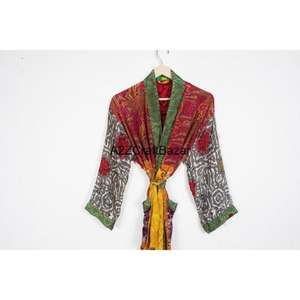Handmade Summer Robe Hand Stitched Silk Quilted Kantha Kimono <b>Belt</b> <b>Boho</b> Hippie Floral Unisex Bathrobe Women's Sleepwear - Product Image 2