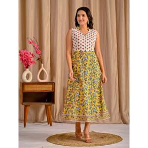 Robe jaune sans manches en coton imprimé Jaal, vêtements indiens et pakistanais - Product Image 4